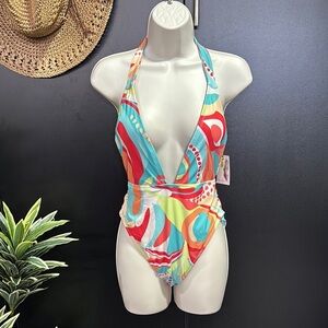 Jessica Simpson low V neck,sexy tie back,removable pads,colorful print 1 pc swim